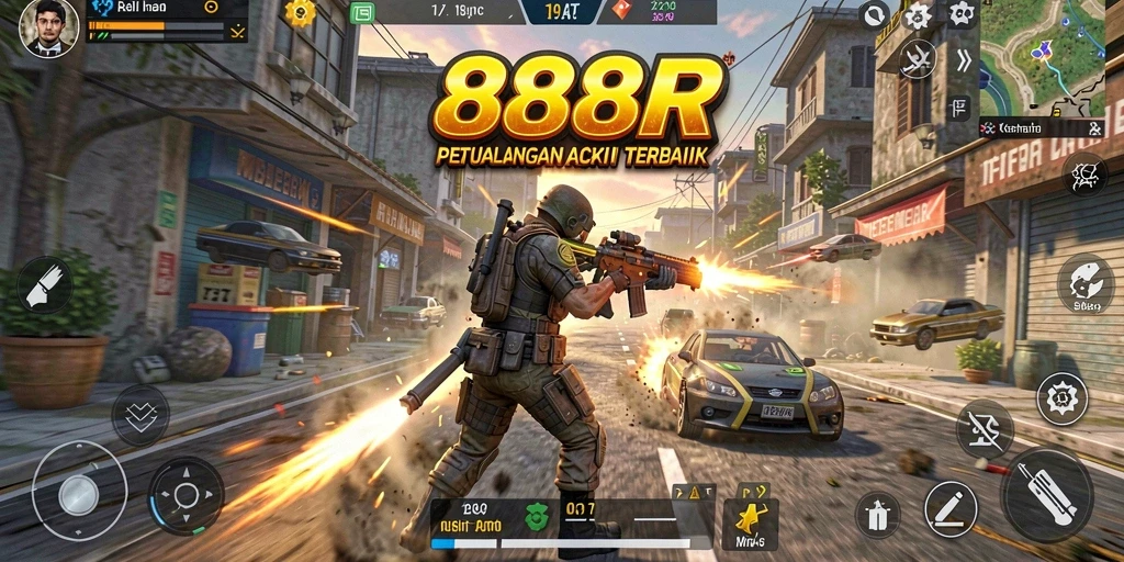 Screenshot utama menampilkan aksi seru dalam <strong>888R</strong> dengan karakter yang bertarung melawan musuh.