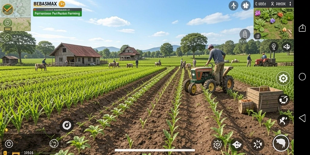 Tampilan gameplay <strong>BEBASMAX</strong> yang menarik dengan ladang hijau subur.