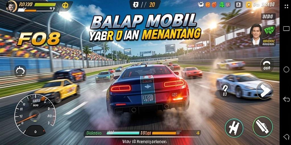 Screenshot utama FO8 menampilkan aksi balapan yang cepat dan mendebarkan.