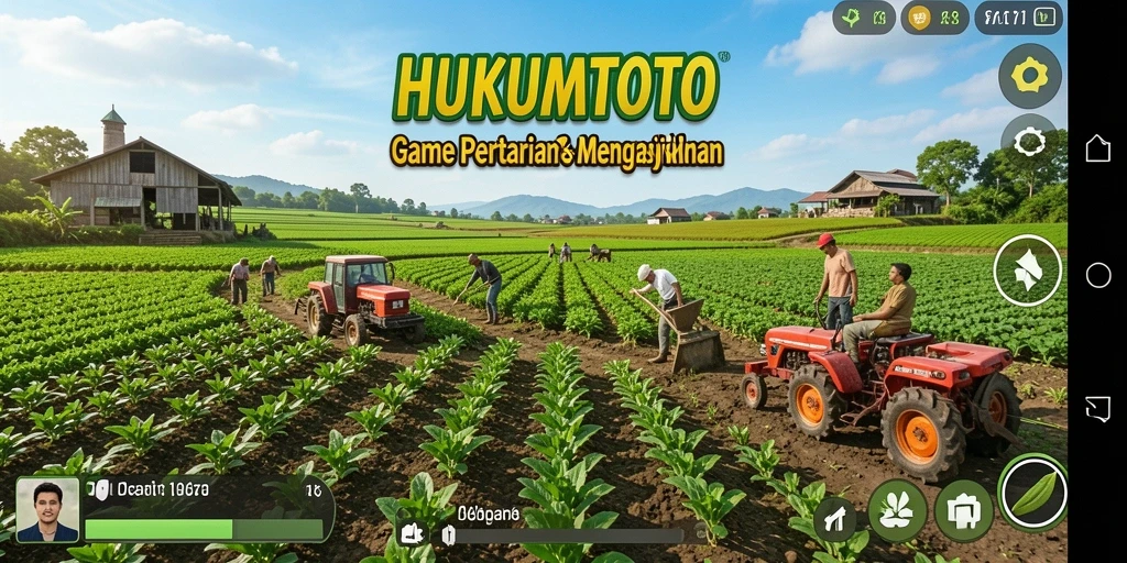 Tampilan gameplay HUKUMTOTO yang menarik dengan aktivitas pertanian.