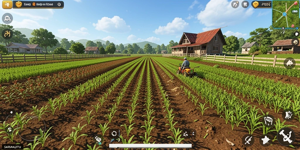 Tampilan gameplay SARANAJITU yang imersif dengan pertanian yang indah.