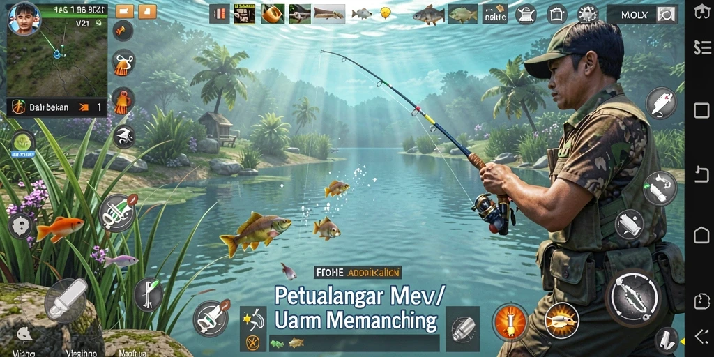 Screenshot gameplay V21 menampilkan aksi seru memancing di laut.